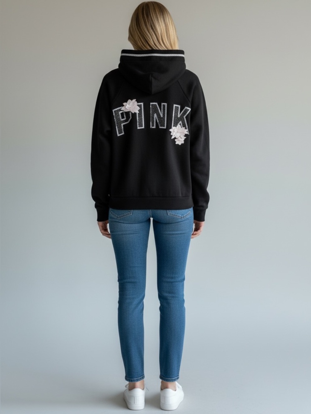 Victoria’s Secret Pink Sequin Floral Bling Zip Front Jacket Hoodie Small